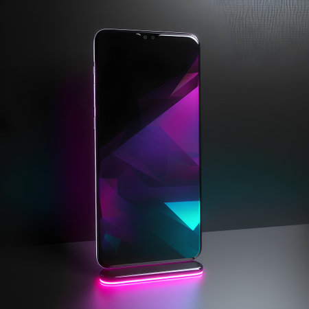 Smartphone with colorful neon light on dark background. 3D renderingの素材