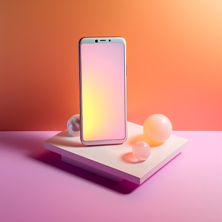 Mobile phone with a pink screen on a stand. 3d renderingの素材