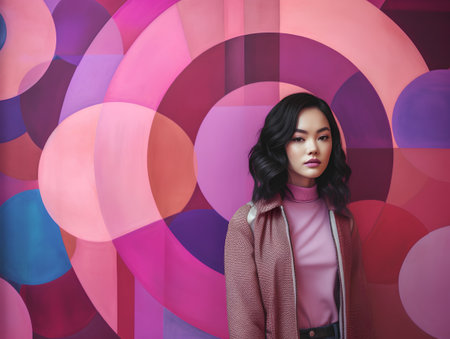 Portrait of a beautiful young asian woman in pink coat on colorful backgroundの素材