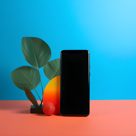 Smartphone with blank screen and green plant. 3D illustration.の素材
