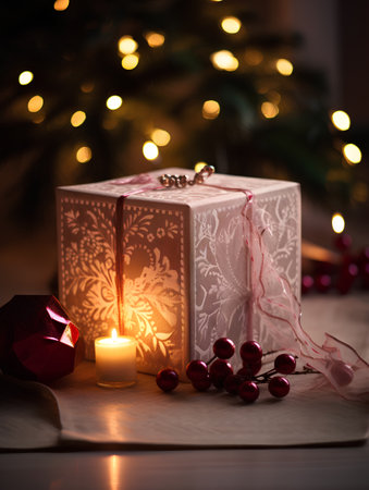 Christmas gift box with burning candle and christmas tree on background.の素材