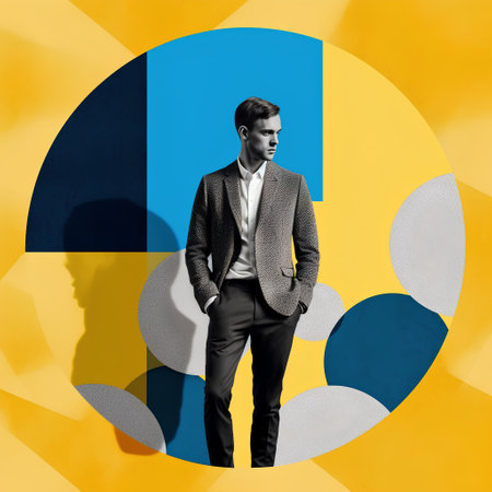Businessman standing in front of a colorful circle with his hands in pocketsの素材