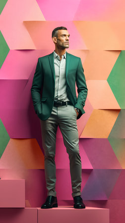 Full length portrait of a handsome young African American man in a stylish suit posing against a colorful background.の素材