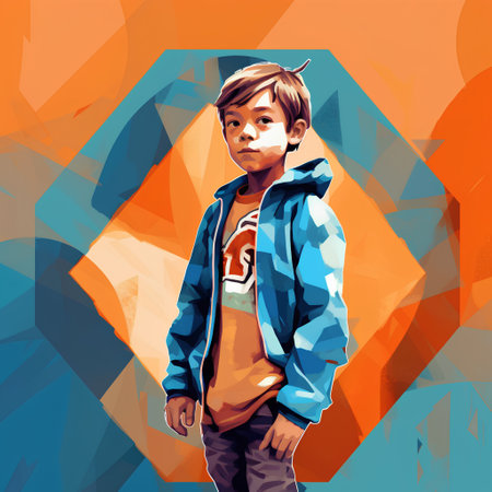 Portrait of a boy in a blue jacket and jeans. Vector illustration.の素材