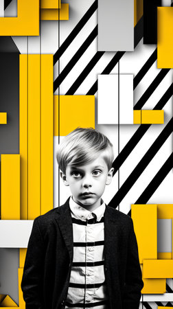 Fashionable little boy in a black jacket and white shirt. Children's fashion.の素材