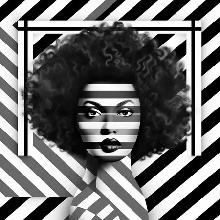 Fashion portrait of beautiful african american woman with afro hairstyle. Contemporary art collage.の素材