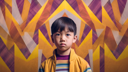 Little asian boy looking at camera with colorful abstract pattern on backgroundの素材