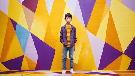 Teenage boy in casual clothes posing in front of a colorful backgroundの素材