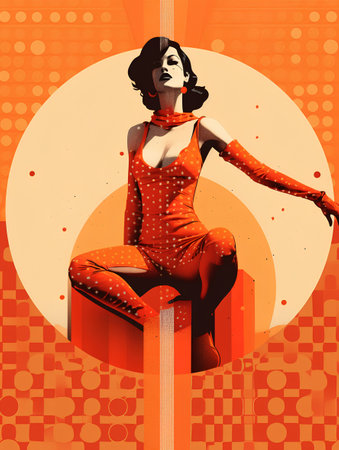 Fashion girl in red dress sitting on a chair. Vector illustration.の素材