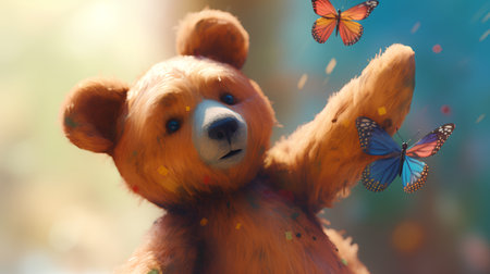 teddy bear and butterflies on the background of the summer forest.の素材