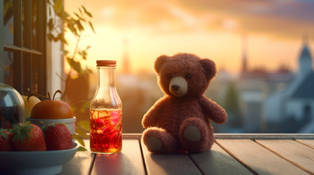 Teddy bear with a bottle of juice on the table in front of the windowの素材