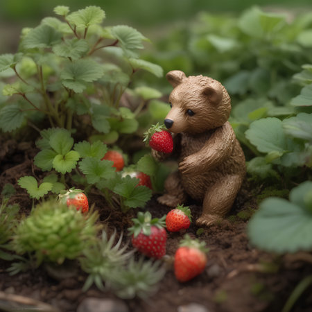Miniature bear with strawberries in the garden. Selective focus.の素材
