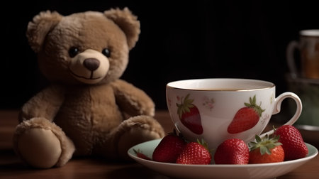 Cup of tea with strawberries and teddy bear on wooden tableの素材
