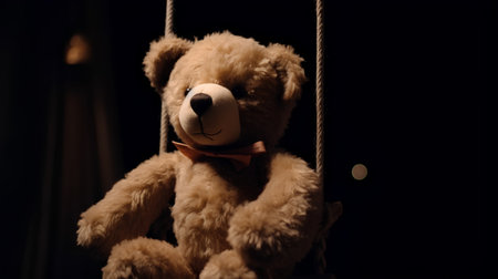Cute teddy bear on a swing in the dark studio.の素材