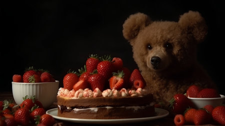 Teddy bear and cake with strawberries on a dark background, still lifeの素材