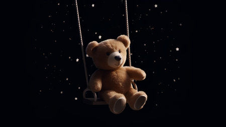 Teddy bear on a swing on a black background with falling snowの素材