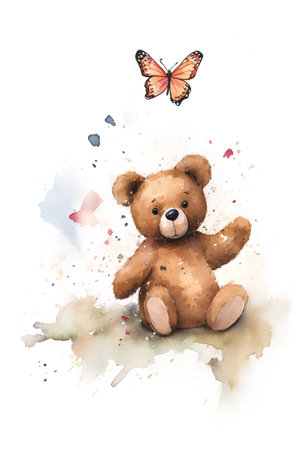 Watercolor teddy bear and butterfly. Hand drawn illustration on white backgroundの素材