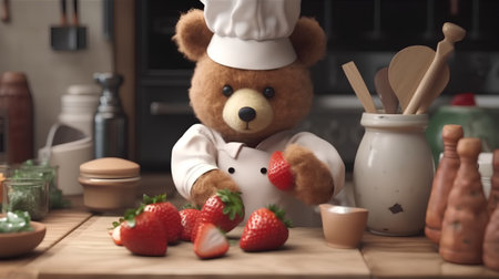 Teddy bear chef in the kitchen with strawberries and cooking utensilsの素材