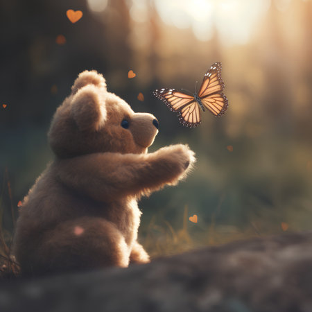 Teddy bear with a butterfly in the forest. Concept of love.の素材