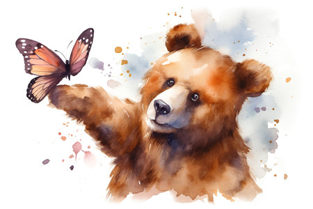 Watercolor brown bear with butterfly. Hand painted illustration on white backgroundの素材