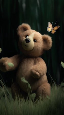 Cute teddy bear sitting on grass with butterfly in his handの素材