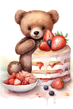 Watercolor illustration of a teddy bear with a cake and strawberriesの素材