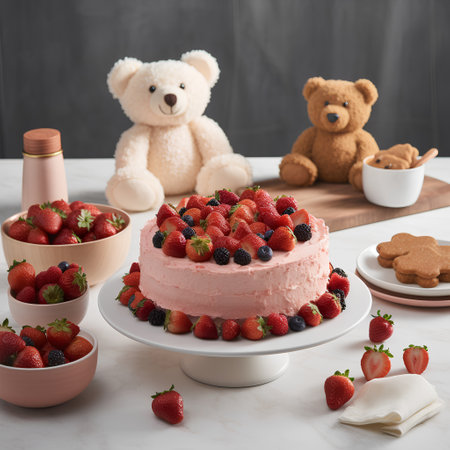 Homemade strawberry cake decorated with fresh berries and teddy bear on white marble tableの素材