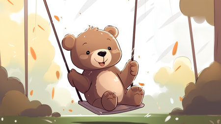 Cute teddy bear sitting on a swing. Vector illustration.の素材