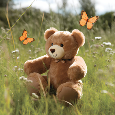 Teddy bear sitting on the grass in the garden with butterflies.の素材