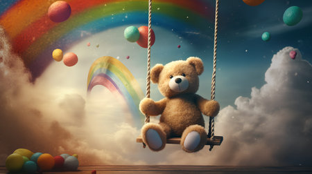 Teddy bear sitting on swing with colorful easter eggs and rainbowの素材