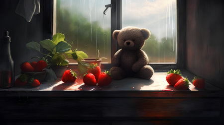 Teddy bear and strawberries on the windowsill. Toned.の素材