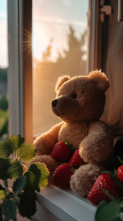 Teddy bear with strawberries on the windowsill in the rays of the setting sunの素材
