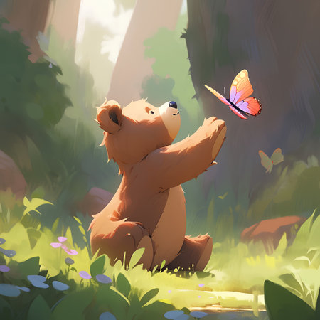 Illustration of a little bear with a butterfly in the forest.の素材