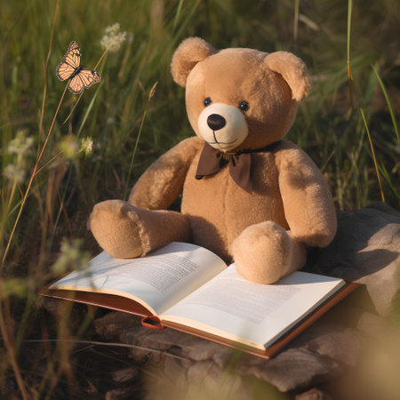Teddy bear reading a book in the grass, soft focus backgroundの素材