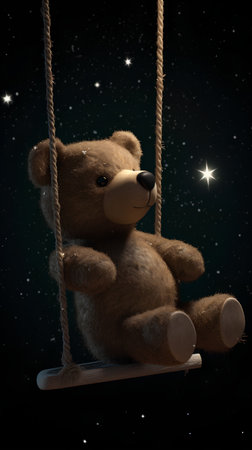 Teddy bear on a swing in the night starry sky.の素材
