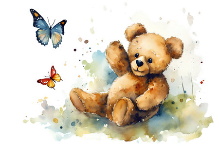 Teddy bear and butterflies. Hand drawn watercolor illustration isolated on white backgroundの素材
