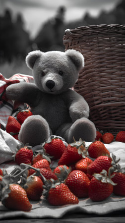 Strawberries and teddy bear on a picnic blanket. Toned.の素材