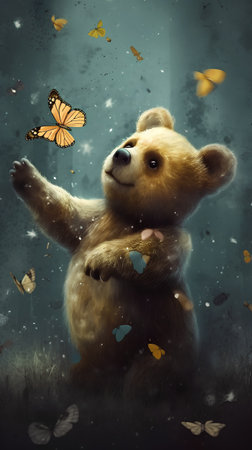 Cute little bear with butterflies flying around him. This is a 3d render illustrationの素材