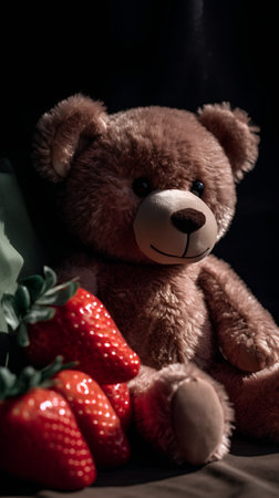 Teddy bear with strawberries on a black background. Toned.の素材