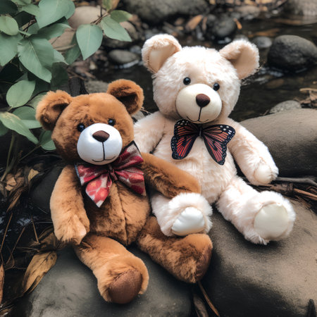 Two teddy bears sitting on a rock near the river. Toned.の素材