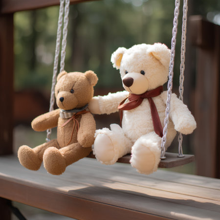 Teddy bear on the swing in the park, soft focus backgroundの素材