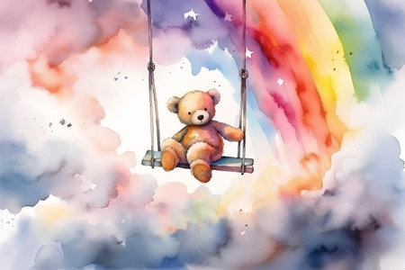Watercolor painting of a teddy bear on a swing in the skyの素材