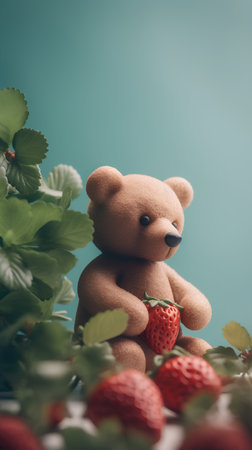 teddy bear with strawberries on a green background, close-upの素材