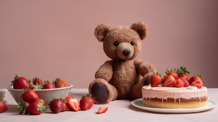 Teddy bear with a cake and strawberries on a pink background.の素材