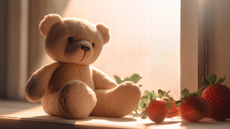 teddy bear sitting on the windowsill with strawberries in the sunlightの素材