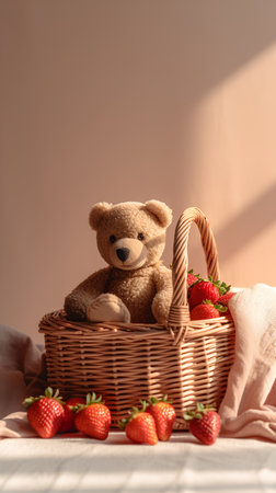 Teddy bear in a wicker basket with strawberries on a light backgroundの素材