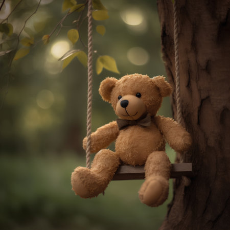 Teddy bear sitting on a swing in a park. Toned.の素材