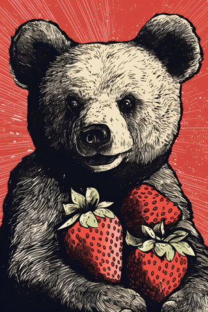 Bear with strawberries. Vector illustration of a bear in vintage style.の素材