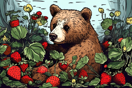 Grizzly bear with strawberries in the garden. Vector illustration.の素材