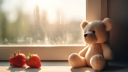 Teddy bear and strawberry on the window sill in the morning.の素材